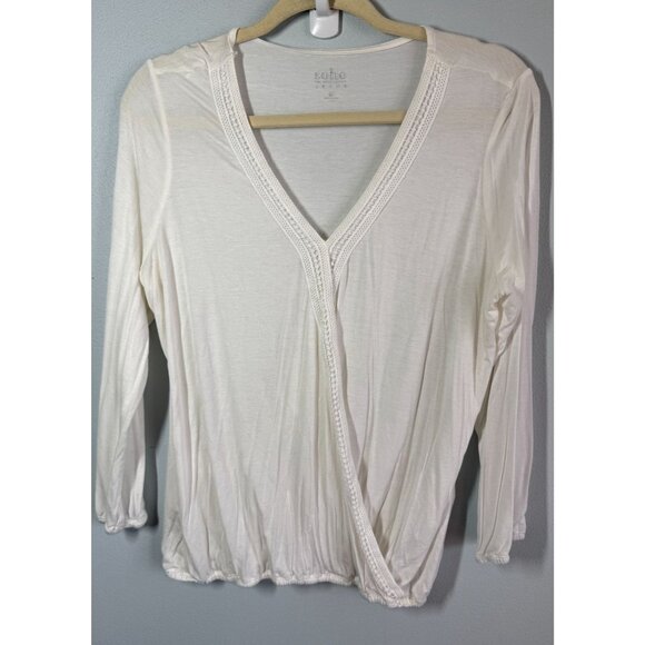 Soho Women Wrap Long Sleeve Knit Top Medium Ivory Lace Collar Lightweight Relaxe - Picture 1 of 12